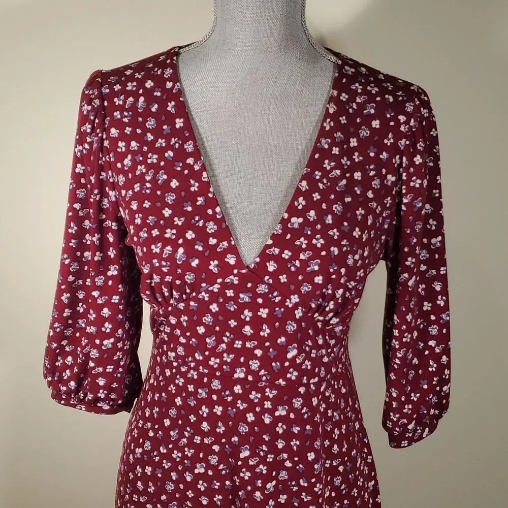 All In Favor Burgundy Floral Puff Sleeve Midi Dress Size M Medium - Picture 2 of 11
